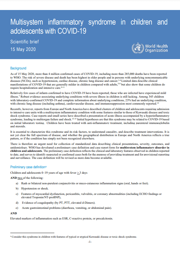 WHO Case Report Form and Scientific Brief Multisystem inflammatory